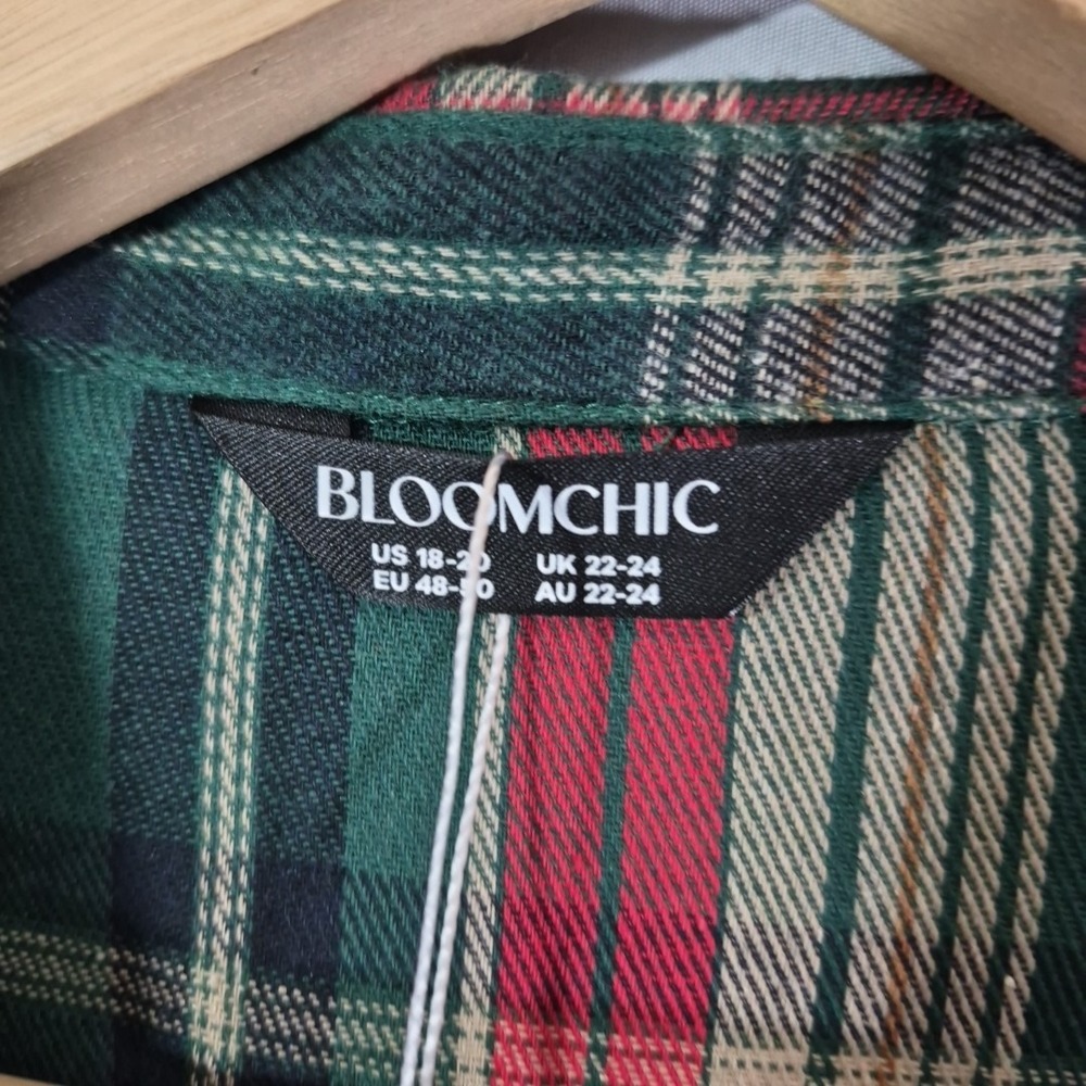 BloomChic Green Red Plaid Flannel‎ Button Front Shirt Dress Plus Sz 18-20 New - Picture 5 of 13